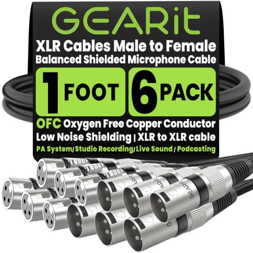 Image of GearIT XLR to XLR Microphone Cable (1.5 Feet, 6 Pack) XLR Male to Female Mic Cable 3-Pin Balanced Shielded XLR Cable for Mic Mixer, Recording Studio, Podcast - Black, 1.5Ft, 6 Pack
