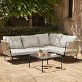 EAST OAK 5-Piece Montauk Modular Patio Furniture Set, Outdoor Corner Sofa with Cushion and Glass Coffee Table, Modern Patio Conversation Set for Garden, Backyard and Porch, Beige & Grey