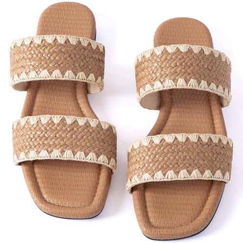 Image of Mtzyoa Women Flat Sandals Raffia Braided Summer Straw Dressy Casual Vacation Bohemian Cute Beach Comfy Slip On Slides