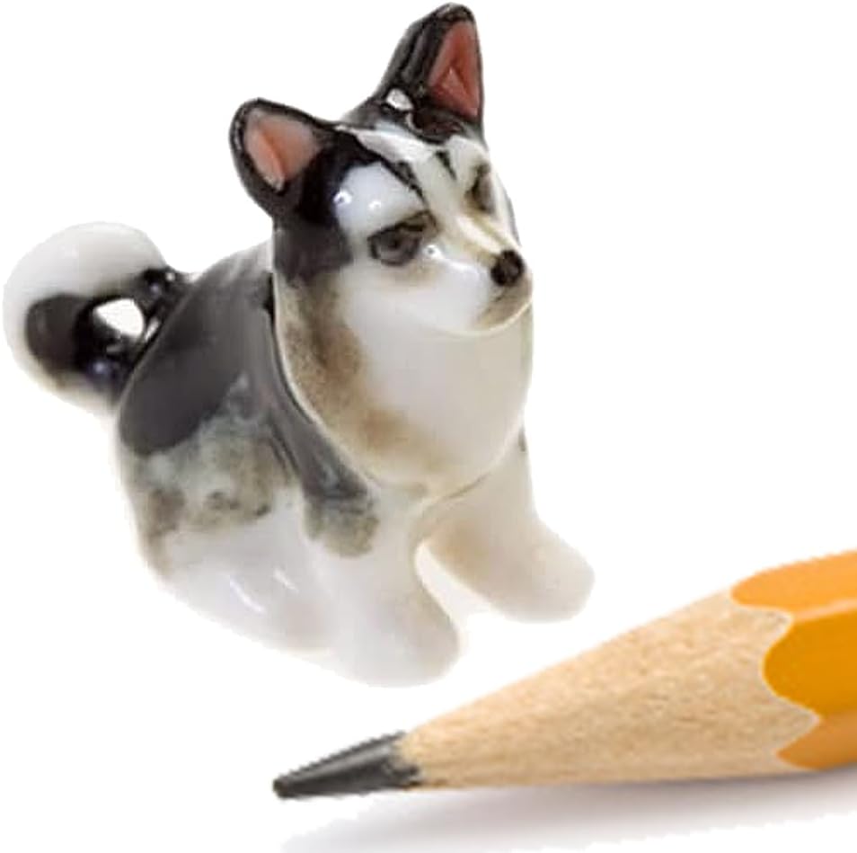 WitnyStore Tiny ¾ Inch Black White Sitting Siberian Husky Sled Dog Figurine - Miniature Hand Made Painted Ceramic Dogs Puppy Canine Animals Cute Porcelain Decorative Collectible Figures Décor Gifts