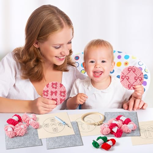 Image of WATINC Bow Tie Punch Needle Coaster Kit - 22Pcs Easy Art Work Decor Craft Supply for Beginners, DIY Set of 6 Pink Bow Tie Tufted Rug Pads with Adhesive Felt Yarns Embroidery Hoop Tools Instruction
