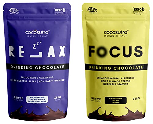 Image of Cocosutra FOCUS + RELAX Sugar Free Drinking Chocolate | Ashwagandha & Melatonin Supplements | Enhances Mental Alertness & Reduces Stress | Vegan | Keto Friendly | Pack of 2 (400g)