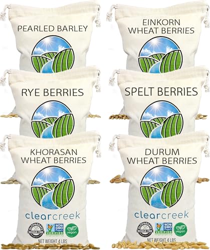 CLEAR CREEK Certified Glyphosate Residue Free Khorasan, Durum, Rye, Spelt, Pearl Barley, and Einkorn Wheat Berries | 24 lbs (6-4 lb bags) | Non-GMO Project Verified