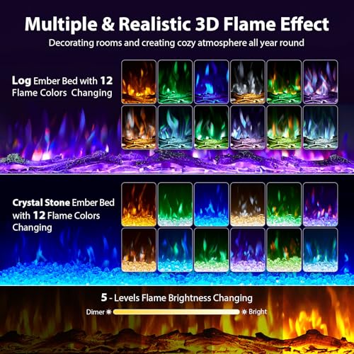 INMOZATA Electric Fire Wall Mounted/Recessed/Freestanding 40in 50in 60in Electric Fireplace with Remote & Touch Screen Control 9 LED Color Flame Effect, 2 Heat Settings 900W&1800W, Crystal & Log Set - Image 7