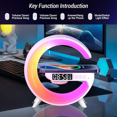 Les-Theresa G Light Wireless Charger Wireless Speaker Charger Light with Bluetooth Speaker Bedside Lamp G Atmosphere Lamp with Alarm Clock for Adults Gifts (White) - Image 3