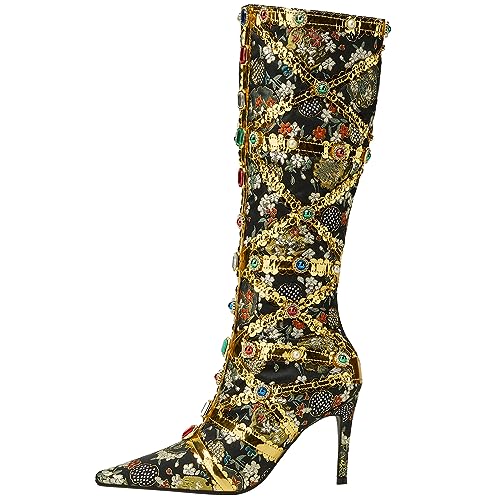 YIYA Women's Gold Jeweled Embellished Boots Floral Print Crystal Gem Knee High Boots Sexy Pointed Toe Stiletto High Heels Side Zipper Long Booties
