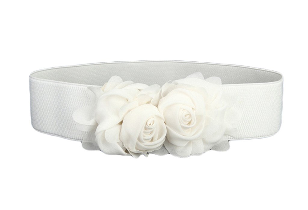 Comvip Women's White Lace Elastic Waistband Rose Flower Dress Wide Belt Cinch