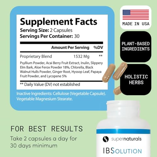 Image of SuperNaturals IBSolution - Made in USA, Non-GMO, Gluten Free & Vegan (60 Capsules) - Digestive Gut Health Supplement With Psyllium Husk - Gas, Bloating, Diarrhea, Constipation Relief, Abdominal Pain