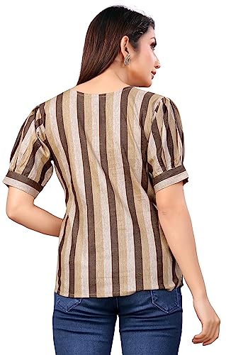 Image of Casual Roll Up Sleeves Striped Women Cotton Brown Shirt