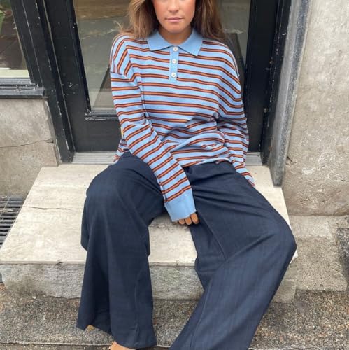 Y2k Striped Rugby Shirt for Women Long Sleeve Collared V Neck Preppy Polo Sweatshirt Casual Oversized Pullover Tops3