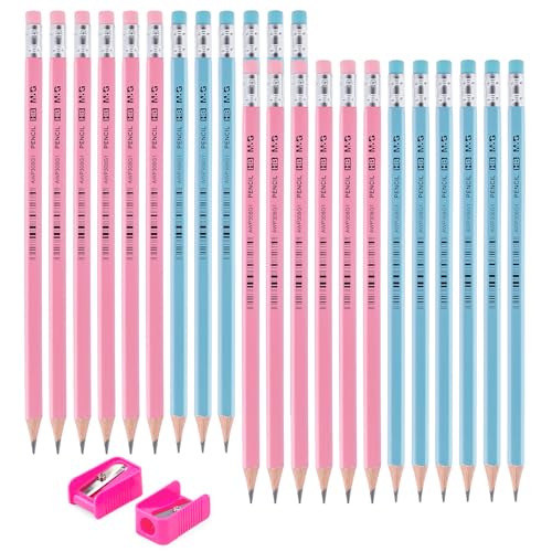 M&G Lucky Series 24 Pack HB Wood-Cased Pencils, Pre-Sharpened with 2 Mini Sharpeners, Cute Blue and Pink Hexagonal Solid Barrels with Matching Erasers for School Office Classroom Supplies