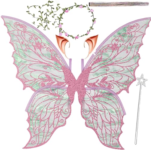 Fairy Wings for Adults，Fairy Costume Set with Floral Garland, Fairy Hair Tinsel, Wand & Elf Ears – 29'x21' Organza Butterfly Wings – Ideal for Cosplay, Party, Pink