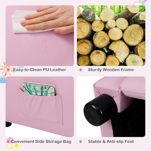 Image of Costzon Kids Recliner, Adjustable PU Leather Lounge Chair w /Side Pockets, Footrest, Headrest for Kids Room&Play Room, Easy to Clean, Padded Pink Recliner Sofa for Children Boys Girls Aged 3-12 (Pink)