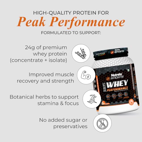 Image of NUTRELA Sports Patanjali Whey Protein 1kg with Shaker | Concentrate + Isolate | 24g Protein Per Scoop | 6.7g BCAA, 4.9g Glutamine with Digestive Enzymes for quick absorption & easy digestion | Muscle - Building & Recovery | 100% Vegetarian | Malai Kulfi