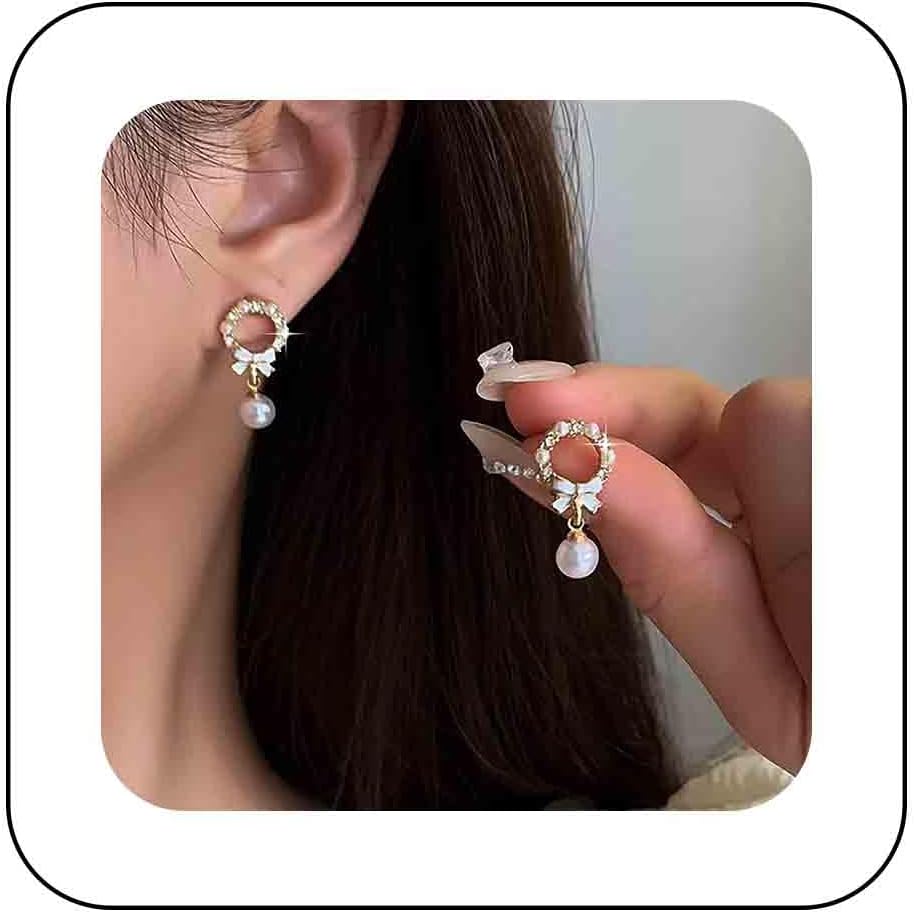 Pearl Bow Stud Earrings Hollow Circle Earrings Cz Crystal Circle Stud Earrings Pearl Bowknot Earrings Tiny Rhinestone Circle Earrings Jewelry for Women