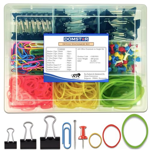 Image of DOMSTAR 9in1 Essential Office Stationery Kit | Assorted Binder Clips, Paper Clip, Office Pin, Push Pin, Rubber Band Combo