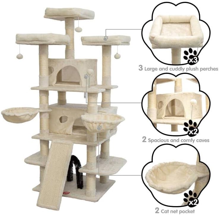 Miniatura 6 de FOOWIN Árbol grande de 68 pulgadas para gatos de varios niveles, torre alta para gatos con 2 condominios grandes y cepillo de pelo para gatos, árbol