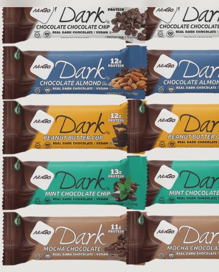 Variety Pack Protein Dark Bars "Made for Nugo Nutrition " 12 Count – Flavors: Chocolate Chip, Pretzel, Mint, , Mocha, Peanut Butter, Coconut, ,or Almond – Kosher Pareve, Dairy-Free, Vegan, Gluten-Free, "The Kitchen Queen" Packaging