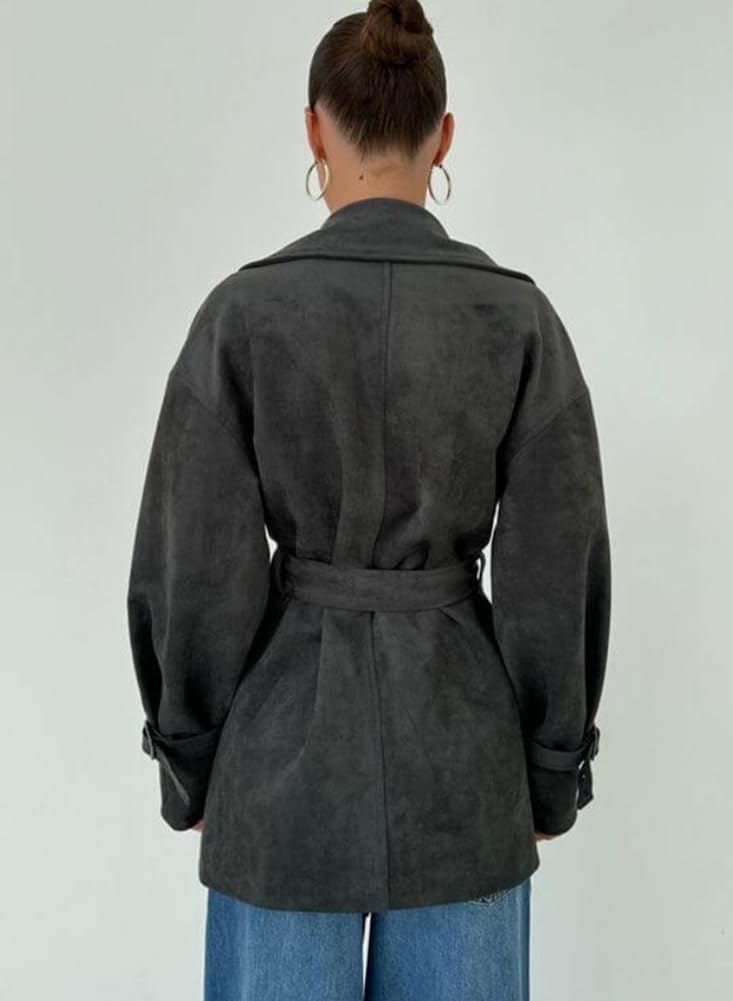 chouyatou Women's Fall Boyfriend Faux Suede Leather Jacket Notch Lapel Belted Midi Long Shacket Coat