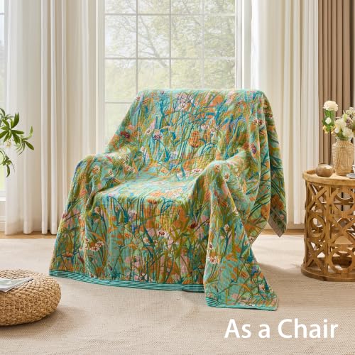 Image of VANJOROY Boho Throw Blanket, 100% Organic Cotton Breathable Skin-Friendly Ultra Soft 80 inch x 90 inch Bed Quilt Green Leaf Throw - Floral Rustic Luxury Reversible Blanket for Sofa Couch Chair and Gift,