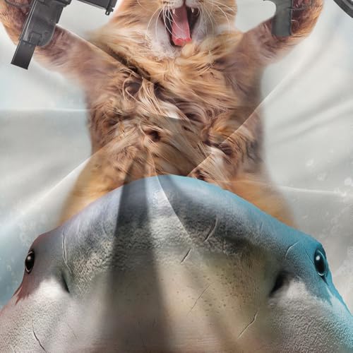 Image of Cat Shower Curtains for Bathroom, Funny Brown Cat Riding Shark Blue Ocean Theme Shower Curtain Set for Men Boys, Cute Cute Cool Blue Bath Curtain Sets with Hooks for Kids Room Decor