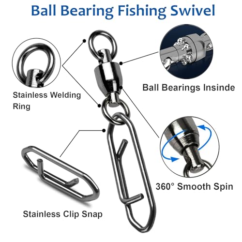 AMYSPORTS High Strength Snap Swivels Stainless Bearing Rolling Fishing Swivel Freshwater Snap Swivels Fishing Clip Steel Black Nickel, 25pcs, 45lbs