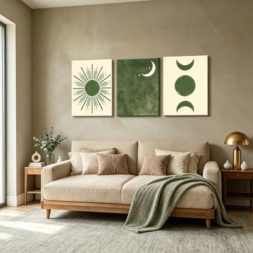 Image of Frimeeme Boho Sun and Moon Canvas Wall Art Set of 3,12x16 Inch,Framed | Mid Century Modern Minimalist, Living Room Bedroom Decor, Ready To Hang
