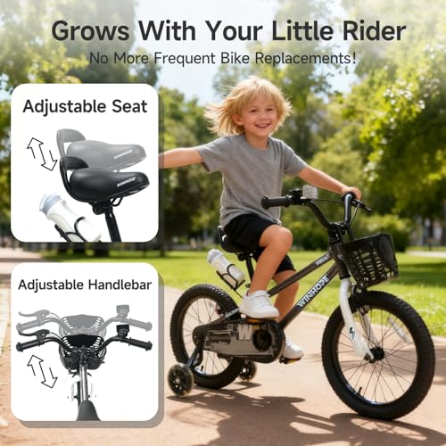Image of WinHope 12-18 Inch Kids Bike with Light up Training Wheels for Boys Girls | Dual Brake Bicycle with Basket Adjustable Seat Water Bottle for Summer Riding Birthday Gift for Toddler 2-9 Years