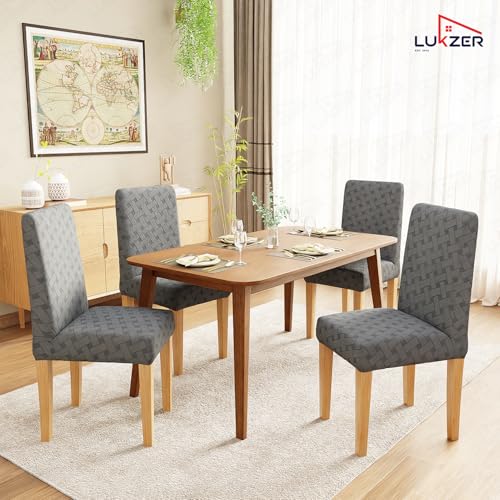 Image of Lukzer Elastic Dining Chair Cover - 1PC Pastel Dark Grey Basket Weave | Textured High Stretch Jacquard Seat Cover | Removable Washable Short Dining Chair Cover Protector Seat Slipcover | (CC-111-01)