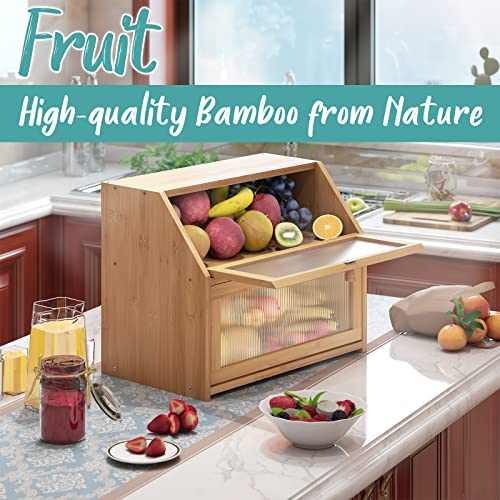 Vriccc Large Bread Box For Kitchen Counter, Double Layer Bamboo Wooden Large Capacity Bread Storage Bin With Acrylic Wavy Door Panel #TOP4