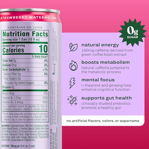 Image of Bloom Nutrition Sparkling Energy Drink - Natural Caffeine, Zero Sugar, 180mg Caffeine - Antioxidant-Rich with Green Coffee Bean, Green Tea Extract, Prebiotics - Strawberry Watermelon - 12oz 12 Pack