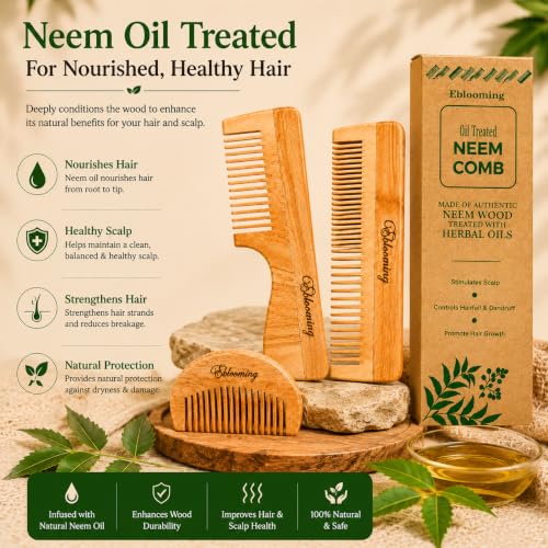 Image of Neem Wooden Comb Set | Dual Tooth Hair Comb, Handle Comb & Beard Comb Combo for Women & Men | Wooden Detangling & Grooming Comb Set | Smooth Rounded Teeth | Pack of 3