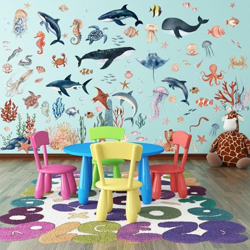 Calcomanías de pared de animales oceánicos acuarela x9 hojas miniatura 5