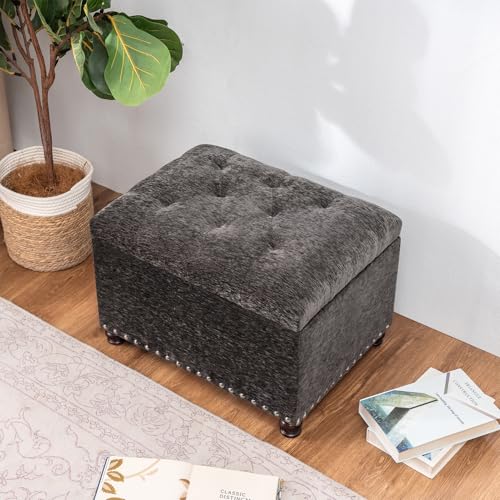 Image of Joveco Storage Ottoman Bench, Rectangle 24 inch Velvet Foot Rest Stool Square Footstool for Living Room, Bedroom, Charcoal Grey