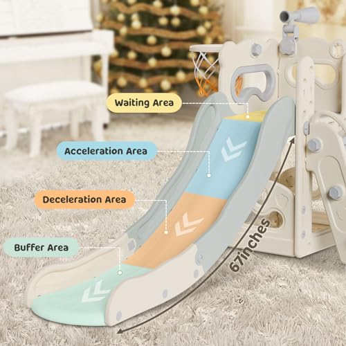 Babytronic Toddler Slide, 6 in 1 Kids Indoor Slide for Toddlers 1-3, Baby Slide for Indoor Outdoor with Basketball Hoop and Telescope, L Shaped Slide for Kids Toddler Slide Playset (White&Gray)