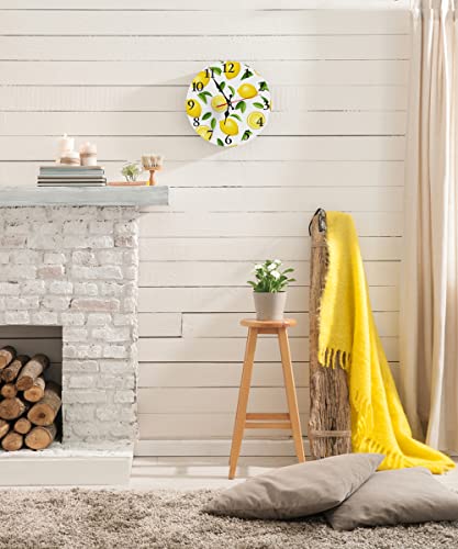 LOKMU Silent Non Ticking Clock 10 Inch,Round Wall Clock,Decorative for Living Room, Kitchen, Home,Bathroom, Bedroom, Office or School Yellow Lemons Pattern in Cartoon Style