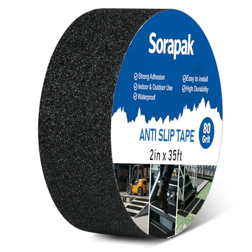 Image of Anti Slip Tape 2in x 35ft, Black 80 Grit Waterproof Non Skid Grip Tape Roll for Stairs, Steps, Ramps, Walkways, Indoor & Outdoor