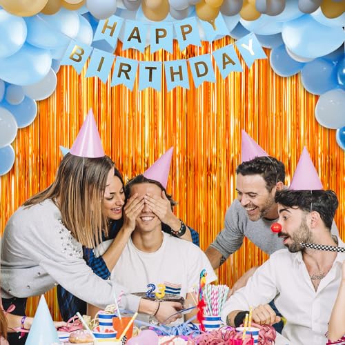 Image of 4 Pack Orange Foil Fringe Curtains Streamers Party Decorations 3.3 x 8.2 ft, Blue Tinsel Curtain Fringe Backdrop for Parties, Door Fringe Birthday Streamers, Photo Booth Backdrops, Party Decor