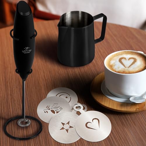 Image of Zulay Premium Gift Milk Frother Set - Handheld Coffee Frother with Stand, 12oz /350ml Frothing Pitcher + 4 Latte Art Stencils - 13,000 RPM Motor, SS Whisk, Battery Operated - Barista Kit (Exec Black)