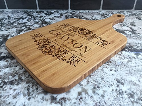 Personalized Engraved Cutting Board (Grayson Design) with Handle Housewarming and Wedding Gift for Kitchen (10 x 18 Bamboo Paddle Shaped)