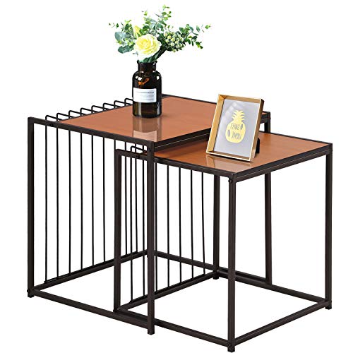 VECELO Industrial Nesting Coffee Stacking Side, Set of 2 End Table for Living