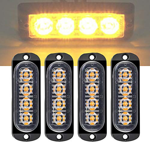 Luz Estroboscópica Intermitente Emergencia, 4 Led Universal IP65 Impermeable Ámbar Advertencia de Seguridad Luz Estroboscópica de Peligro Rejilla Intermitente Barra de Luces de Trabajo (4 LED Yellow) Cover