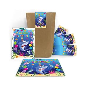 12 cartes d’invitation pour anniversaire d’enfant fille garçon requin avec 12 enveloppes, 12 sachets, 12 autocollants