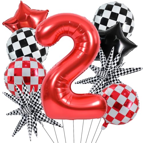 Image of TONIFUL Race Car Party Balloons Set - 40 Inch Red Number 2 Foil Balloon with Checkered Round, Explosion Star & Star Balloons for Boys 2nd Birthday Car Themed Decorations, Photo Backdrop Supplies
