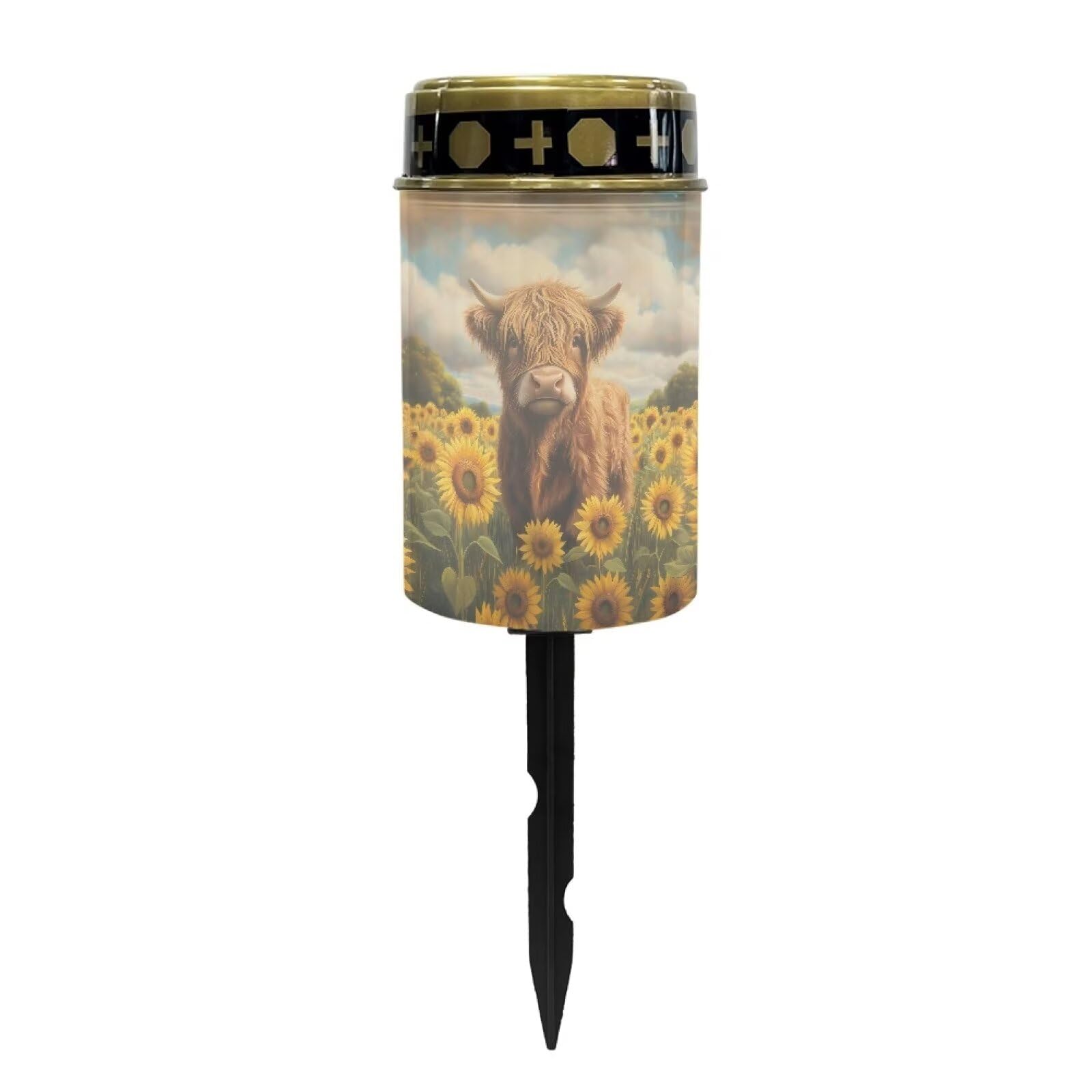 Poceacles Solar Lights Outdoor for Cemetery Grave Decorations, Fake LED Pillar Candles Solar Powered Waterproof Outdoor Stake Lights Grave Markers, Cow Sunflower Field