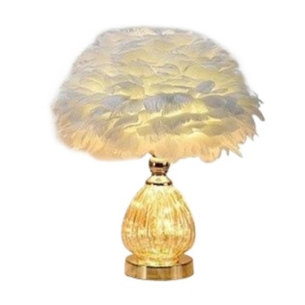 Lampada con piume, luce notturna ambientale romantica sul comodino | Paralume in piuma, base in ceramica, romantico, interruttore a pulsante, luce notturna(White)
