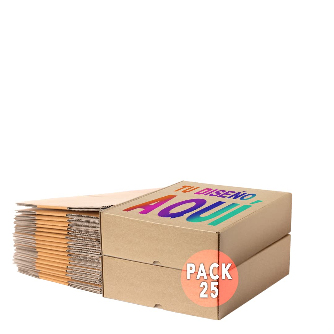Pack 25 Cajas de Cartón Personalizadas – Logo o Frase que Elijas en la Tapa - Fáciles de Montar – La Mejor Manera de Enviar Productos o Presentar Regalos de Empresa, Navidad, Eventos 26,5x30x9cm