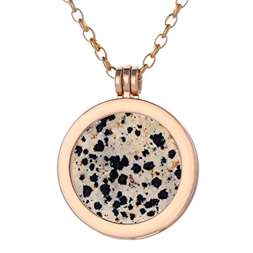 Morella Women Necklace 70 cm 27.5" Stainless Steel Gold and Pendant with Gemstone Dalmatian Jasper Coin 33 mm 1.3" Chakra Plate in Velvet Bag