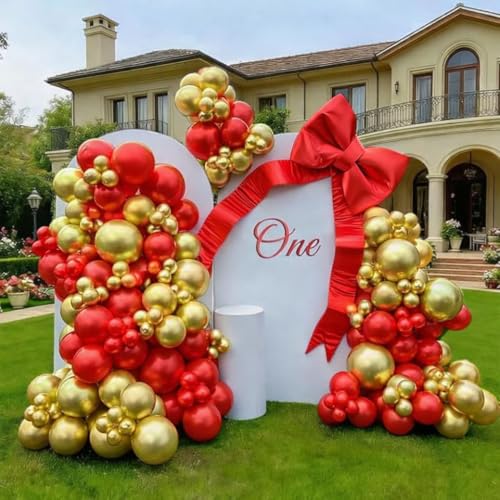 Image of Gold Chrome Metallic Balloon Decoration Set - 50 Pcs Gold Chrome & Red Latex Balloons for Birthday, Anniversary, Engagement, Wedding, Love Theme & Festival Party Decorations