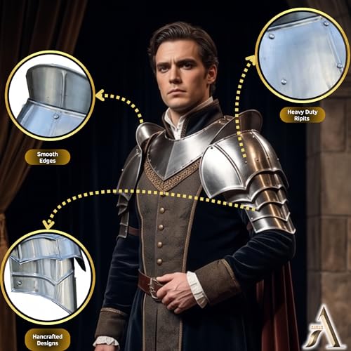 Image of AnNafi Medieval Pouldron Arm Shoulder Set | Viking Crusader Pauldrons Warrior Armor Steel Handmade Shoulder Armour Protector | SCA LARP Knight Metal Shoulder Guard Pair Silver Adult